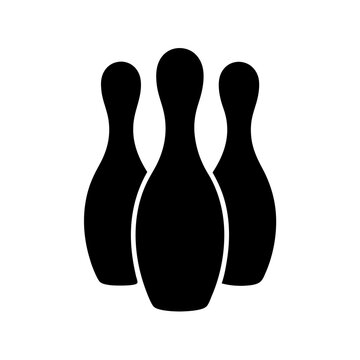 set of five glossy black bowling pins standing upright on white background