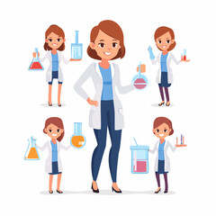 Fototapeta premium cartoon scientist character set, laboratory experiments, test tubes, research activities, interchangeable poses
