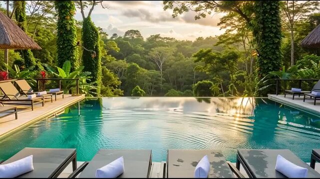 Luxury infinity pool overlooking lush rainforest jungle at sunrise, tropical paradise