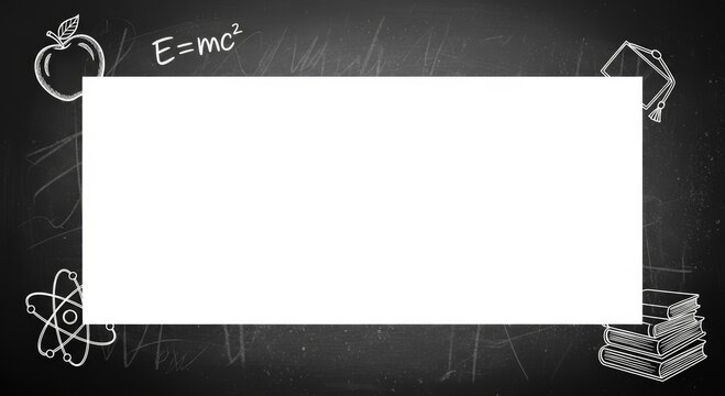 Empty rectangle frame on chalkboard background with hand drawn school education icons. Place for text or image. Concept of back to school. Academic background for student study materials.