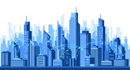 Fototapeta premium A modern illustration portraying a cityscape interwoven with a data network, conveying progress, connectivity, and innovative growth. Suitable for bus