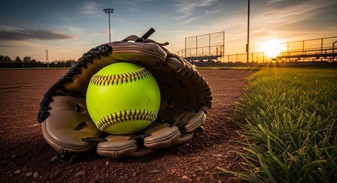 A vibrant yellow softball rests comfortably inside a brown glove on a dirt infield at sunset