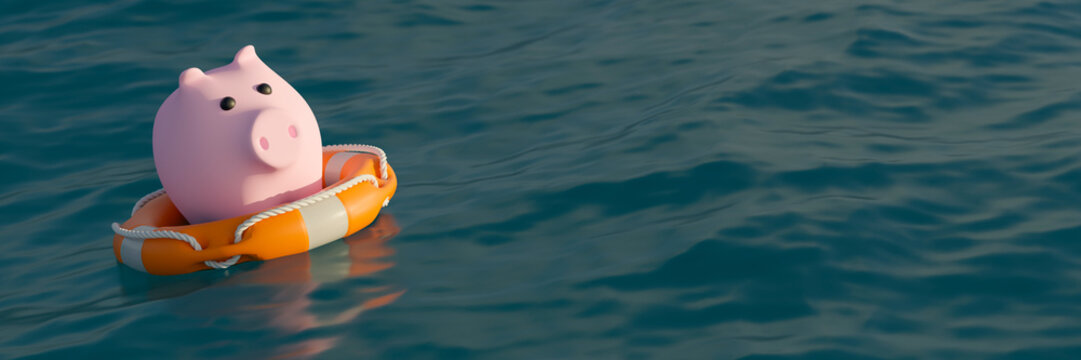 Cute piggy bank floating in a life preserver on the ocean waves