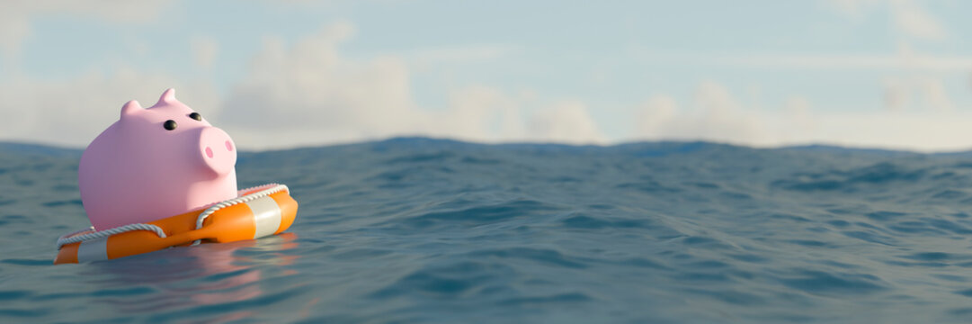 Pink piggy bank with life preserver floating alone in the vast ocean