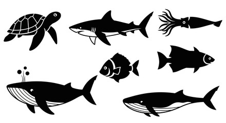 Obraz premium Ocean Wildlife Silhouettes: Turtle, Shark, Squid, Fish, Whale Vector Icons