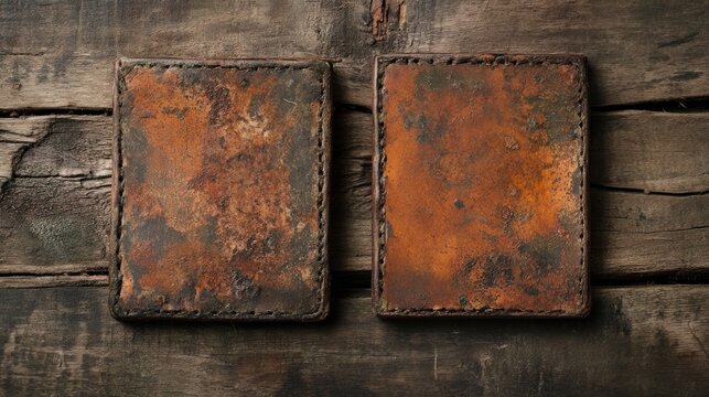 Two weathered leather wallets on wooden surface