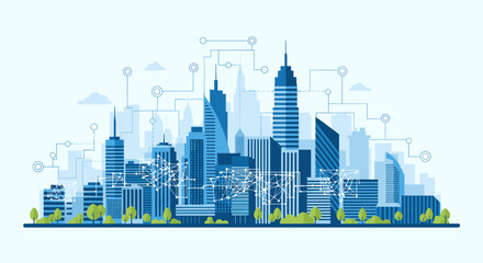 Obraz premium Modern illustration conveying connection, growth, and innovation within a cityscape. Ideal for business presentations, tech blogs, and representing co