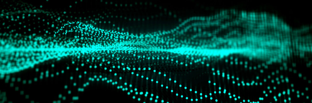 Abstract glowing turquoise particles forming a wave pattern on a dark background