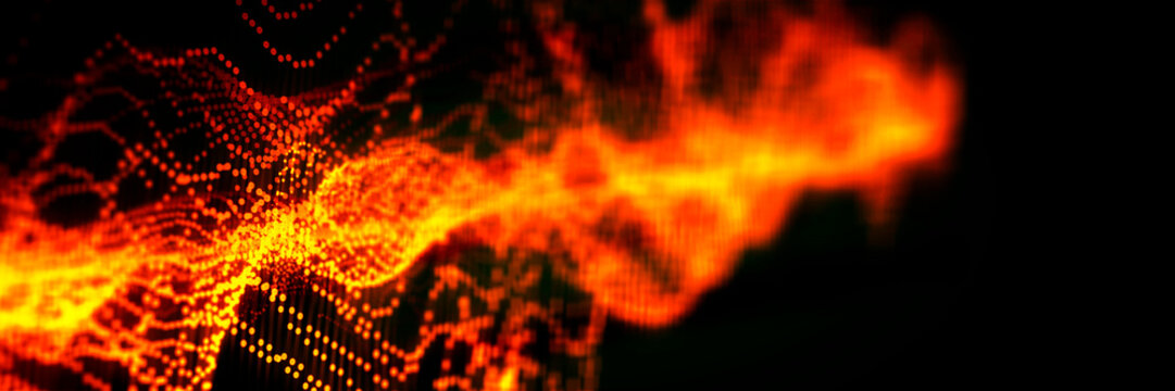 Abstract glowing particles forming a fiery wave pattern on a dark background