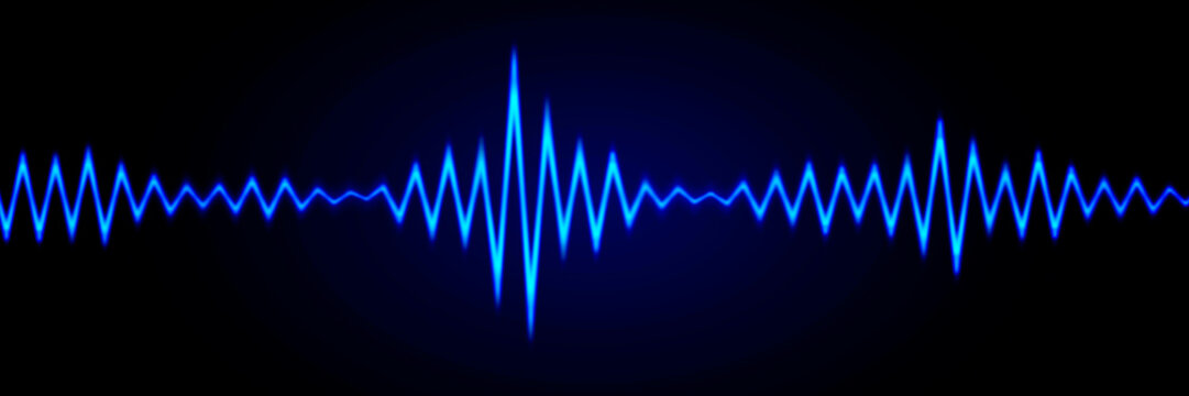 Vibrant blue sound wave oscillating on a dark background, representing audio signals
