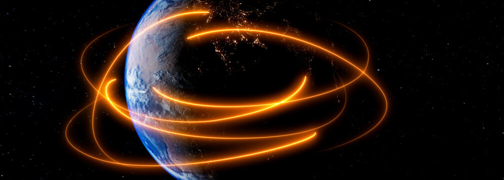 Global network connections visualized with glowing orange lines around planet Earth
