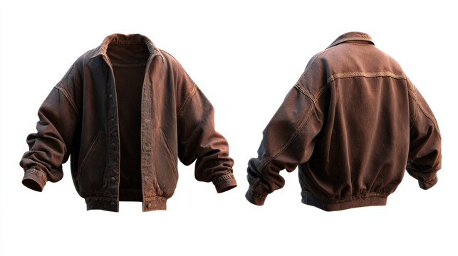 The brown leather jacket, displayed front and back, is isolated on a white background