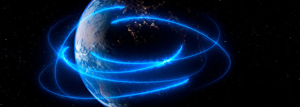 Global network connections visualized with glowing blue lines around planet Earth
