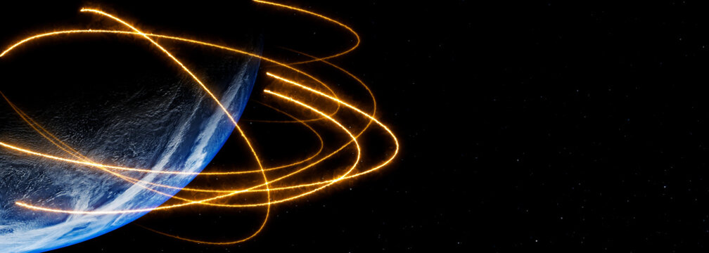 Global network connections visualized with glowing light trails around planet Earth