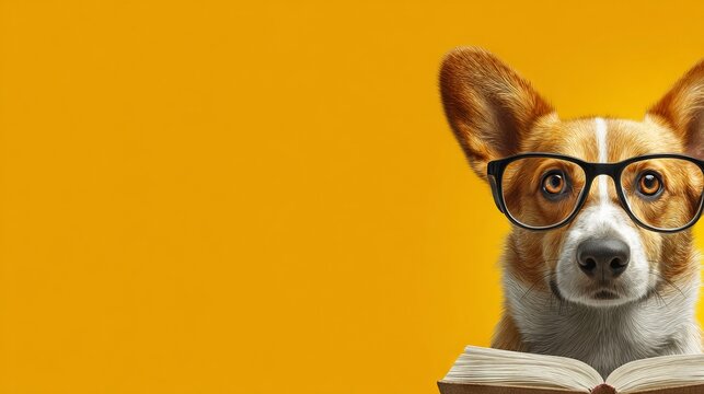 The adorable dog with glasses is reading a book over a yellow background