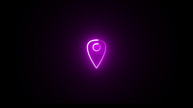A vibrant neon glowing location pin icon illuminates a dark background.