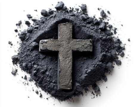 The dark powder forms a cross on a white surface, serving as a religious sign for Lent and Ash Wednesday, while dust surrounds the Christian emblem
