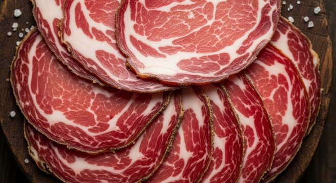 Slices of dry-cured pork neck meat arranged on a round wooden cutting board. Traditional Italian culinary delicacy capicola or coppa with sea salt. Gourmet food and appetizer concept.
