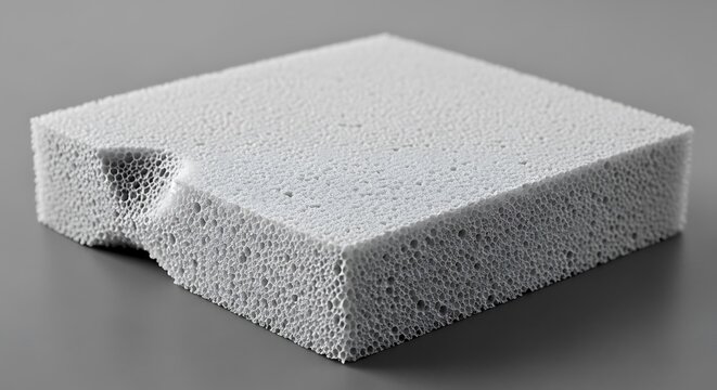 Close-up of a porous white foam block with a missing corner.