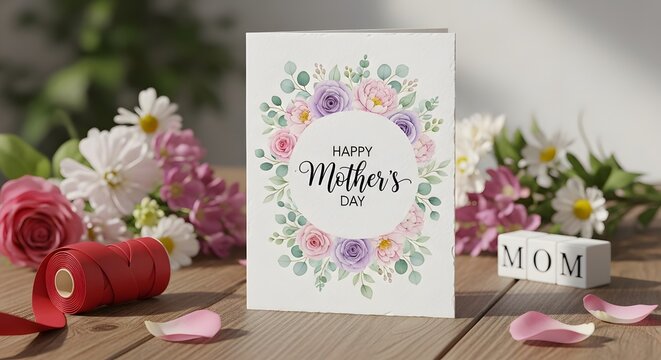 Happy Mother's Day Card Surrounded by Fresh Flowers and Ribbons