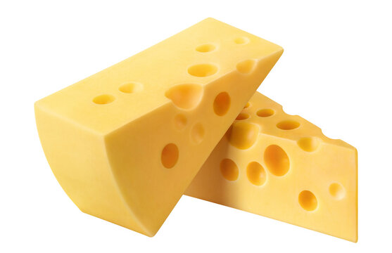Delicious swiss cheese wedges, isolated on cutout transparent background