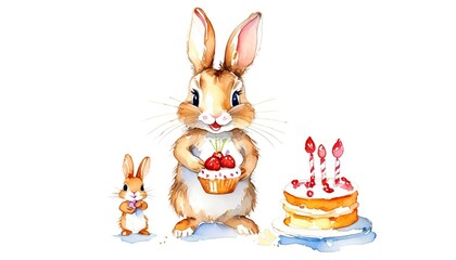 Fototapeta premium Watercolor bunny holding cake, cute children’s illustration