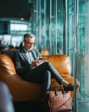 A well-dressed man sits on a leather chair by glass windows, checking his phone with a briefcase beside him in a modern, stylish lounge.
