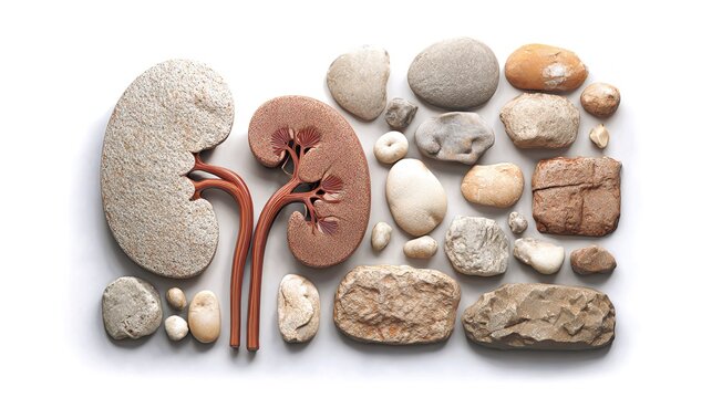Kidney Stones Medical Illustration, Detailed Anatomy of Renal Calculus Formation in Urinary Tract, Visualization of Nephrolithiasis Pain, Obstruction and Treatment for Urology Diagnosis, Patient Educa
