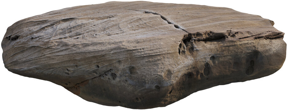 Flat sandstone rock isolated on transparent background, natural stone platform for product display, smooth layered texture