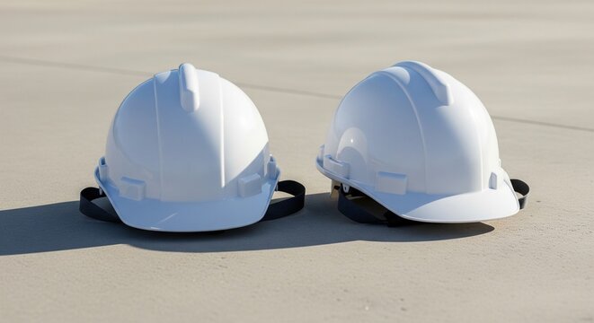 A symmetrical shot of two white construction helmets outdoors on a concrete surface.