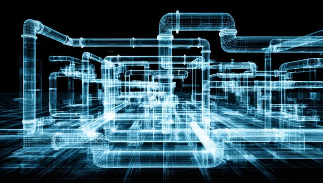 The blue wireframe pipes and elaborate network routes form an industrial tech aesthetic, and the precise grid lines evoke engineering schematics and structural planning for mechanical systems