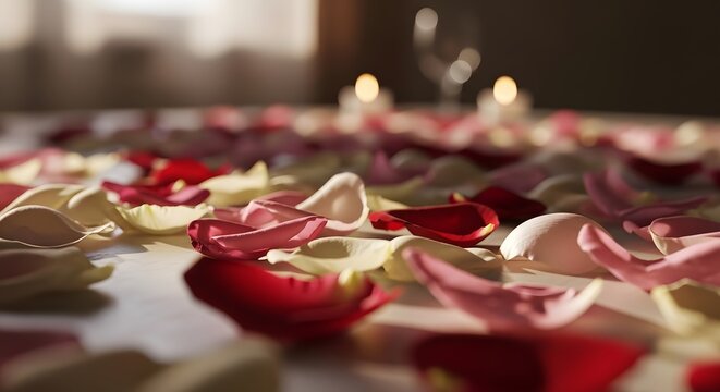 Romantic Rose Petals Scattered on Table with Candles, Shallow Depth of Field