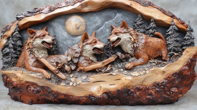 Wooden carving of wolves in a forest setting
