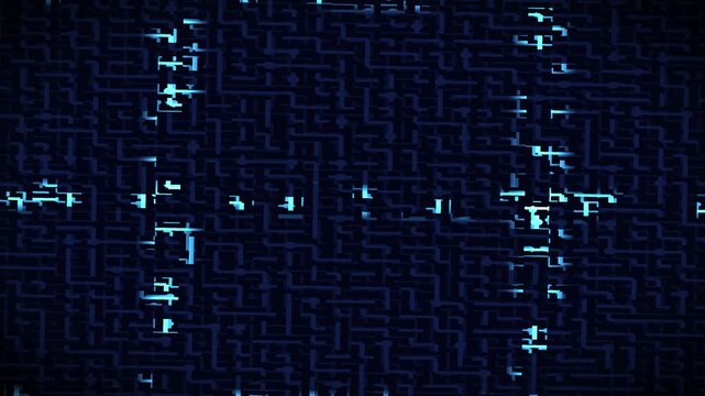 Intricate digital maze glowing with futuristic blue light, representing complex data and technology.
