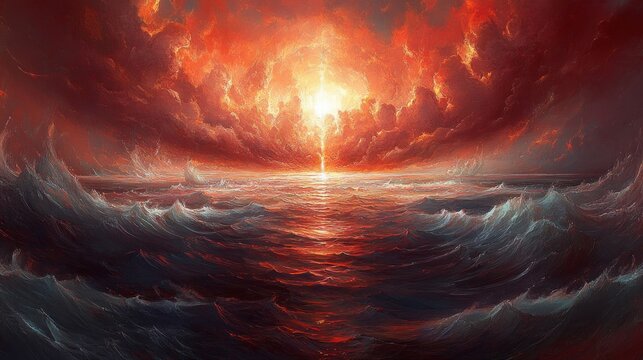 Dramatic seascape with stormy sky and sun
