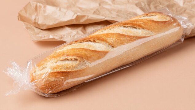 We need to produce five rephrased versions of the given sentence. The original sentence: &lsquo;Freshly baked loaf of bread in plastic packaging. Crusty bread is wrapped with brown paper and clear film,