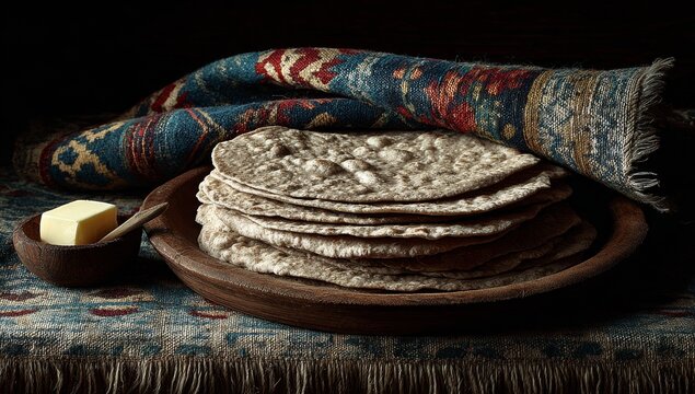 On a woven plate lies a stack of aloo parathas, cooked to a golden brown, accompanied by butter and pickles, making a fresh meal ready to be eaten