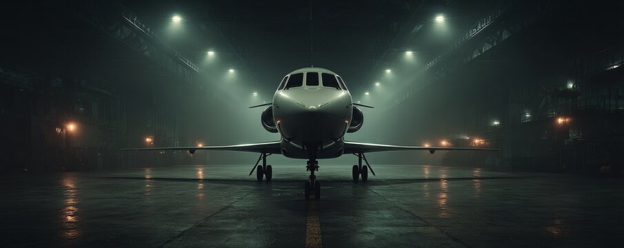 Inside the hangar rests a luxury private jet, a sleek modern business aircraft with engines and wings prepared for immediate flight, used for corporate aviation