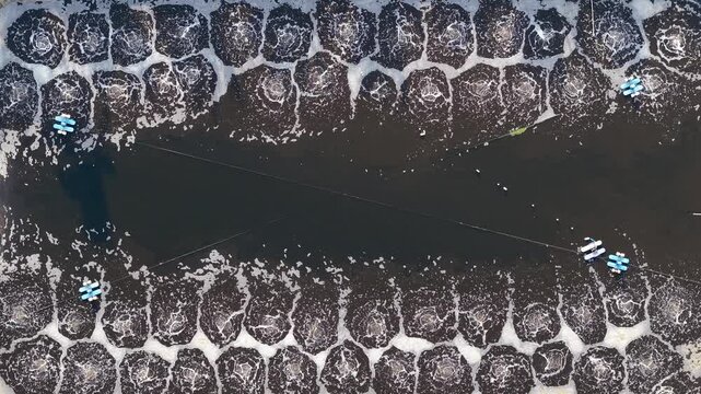 Aerial Drone View of Municipal Wastewater Treatment Plant Basins