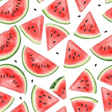 Refreshing watercolor watermelon slices pattern with seeds on white background