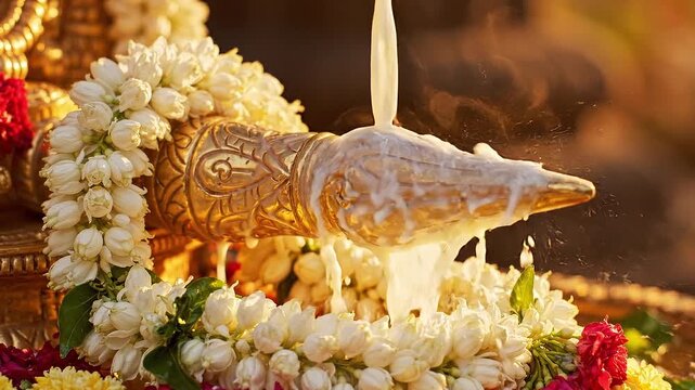 Golden Vel Decorated with Jasmine Garlands for Shashti Vratham with Slow Motion Milk Abhishekam Ritual Flowing over Metallic Surface