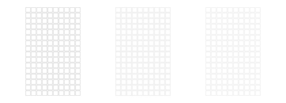 Set of four blank graph paper sheets isolated on white background. Features solid, dashed, dotted, and crosshair line styles. Minimalist stationery templates for math, engineering, education, planning