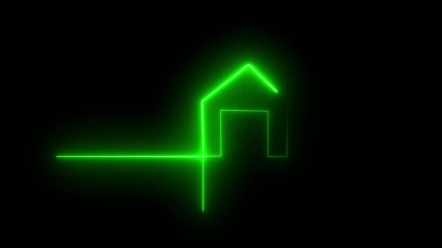 Neon line home icon. Neon line Cool linear animated home icon. House icon glowing neon light on black background.