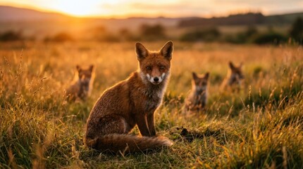 Fototapeta premium A family of red foxes sits in a golden field during a warm sunset