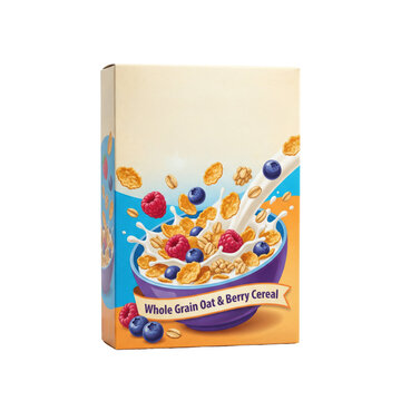 Whole Grain Oat Berry Cereal Box on clean white studio background. Fresh breakfast food concept, healthy diet.