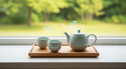 Fototapeta premium Minimalist ceramic tea set on a wooden tray by a window.
