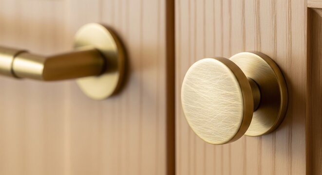 Close-up of a stylish gold door or cabinet knob and handle on a light-colored wooden surface with a vertical grain