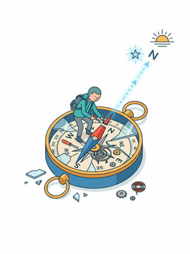 Conceptual illustration of a man repairing a broken compass with a screwdriver to find the right direction toward the North star, representing guidance, strategy, and problem-solving.