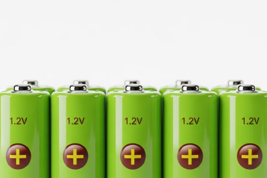 Row of Green 1.2V Rechargeable Batteries with Positive Terminal on White Background, Close Up