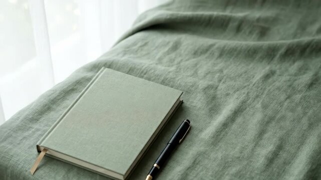 a graphic commercial composition featuring the blank journal and pen set against a muted sage linen background, with generous negative space surrounding the main subject.